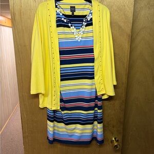 Rafaella Yellow Cardigan with Striped Blue Multi Midi Dress